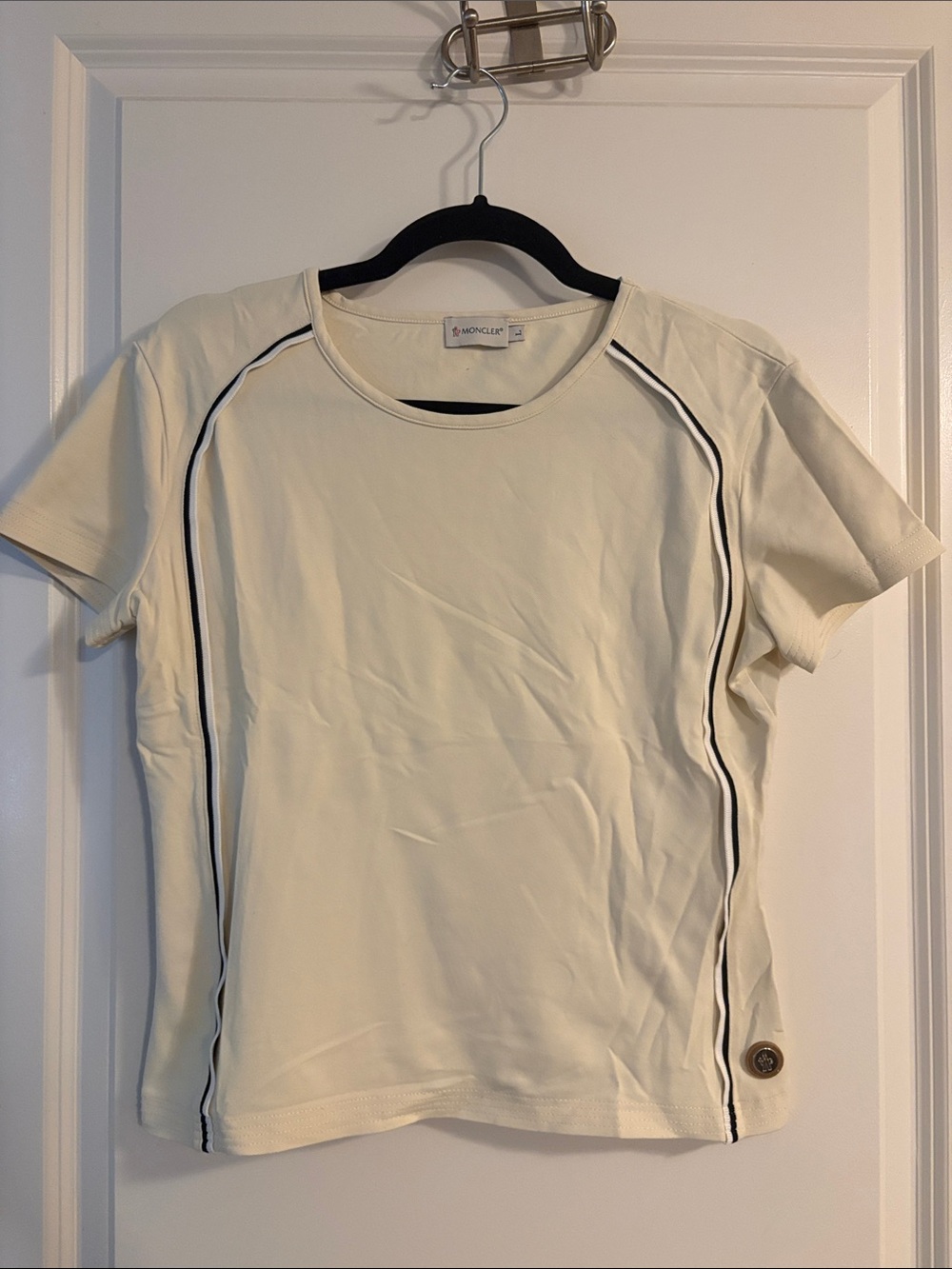 Moncler Cream Short Sleeve Tee with Black Contrast Piping